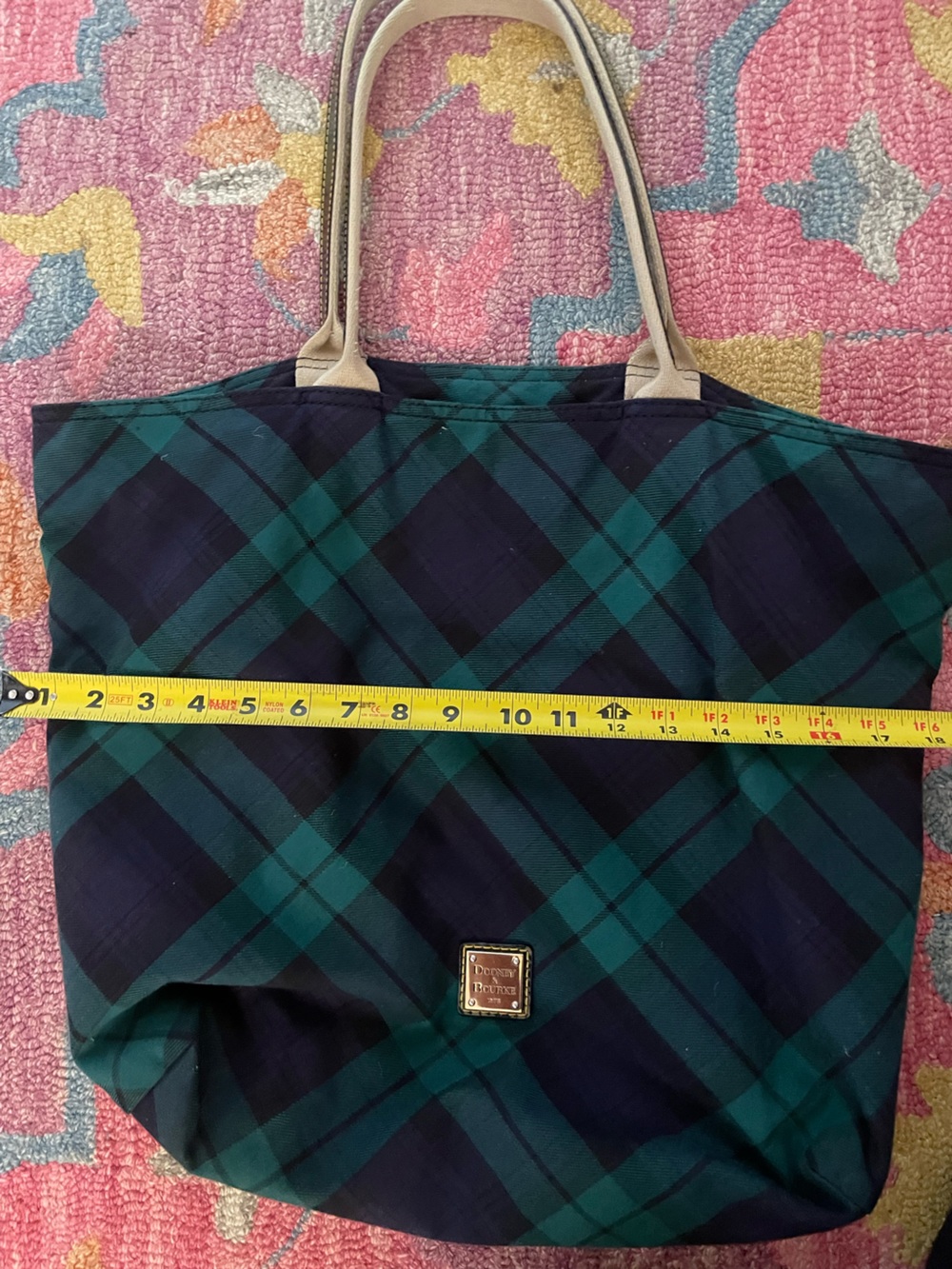 Dooney & Bourke Navy and Green Tartan Plaid Tote Bag - Picture 6 of 7